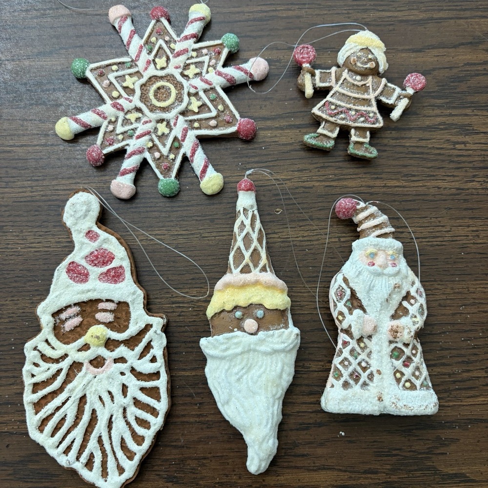 Vintage Gingerbread Christmas Ornaments Set Of 5 Santa Angel Snowflake